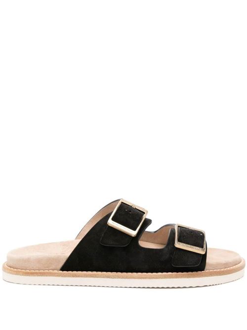 Black calf suede stitched edge open toe sandal Brunello Cucinelli | MZUSILY235CJO75